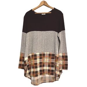 Egy Solid Plaid Stripe Color Block Tunic Top Curved Hem Oversized LS Hi-Lo Shirt